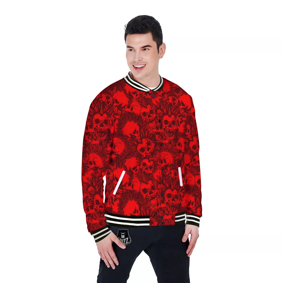 Skull Punk Red Print Pattern Baseball Jacket-grizzshop