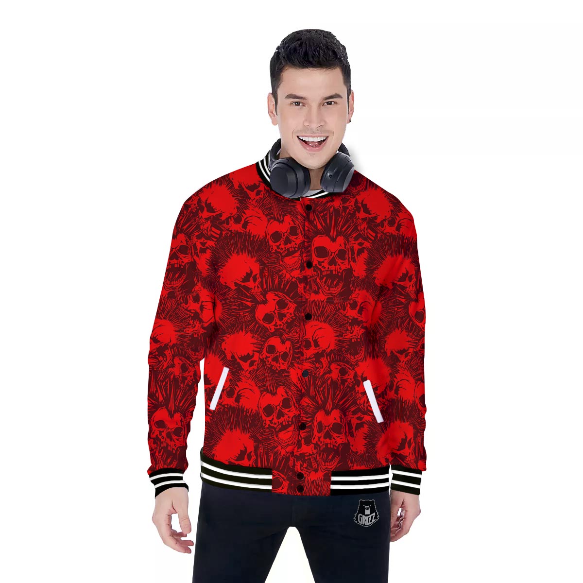 Skull Punk Red Print Pattern Baseball Jacket-grizzshop