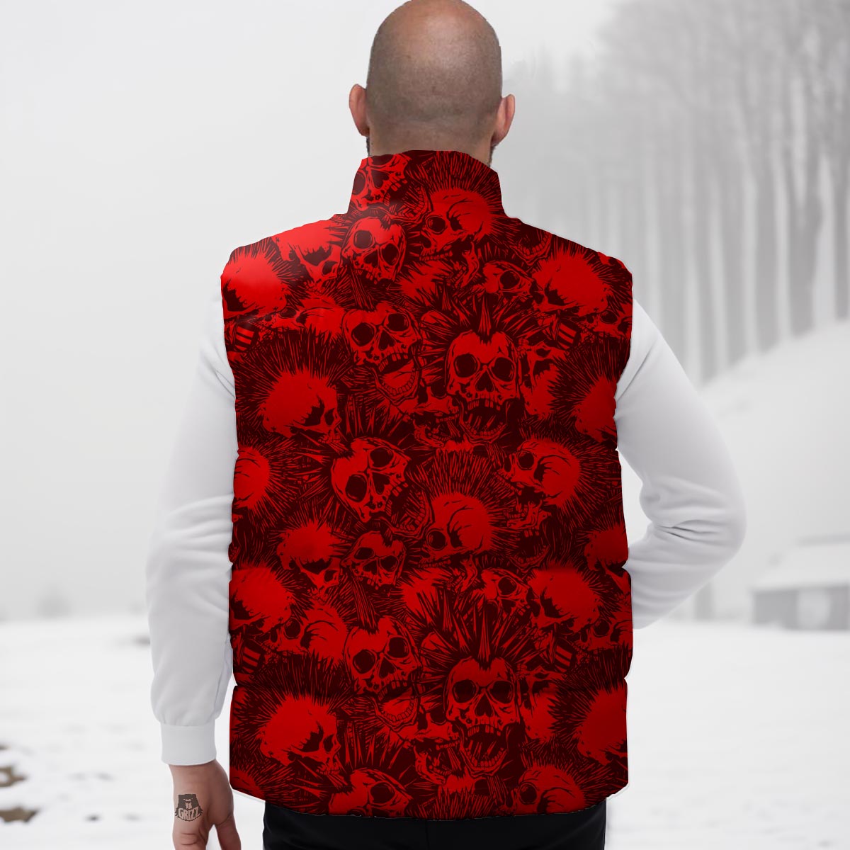 Skull Punk Red Print Pattern Down Vest-grizzshop
