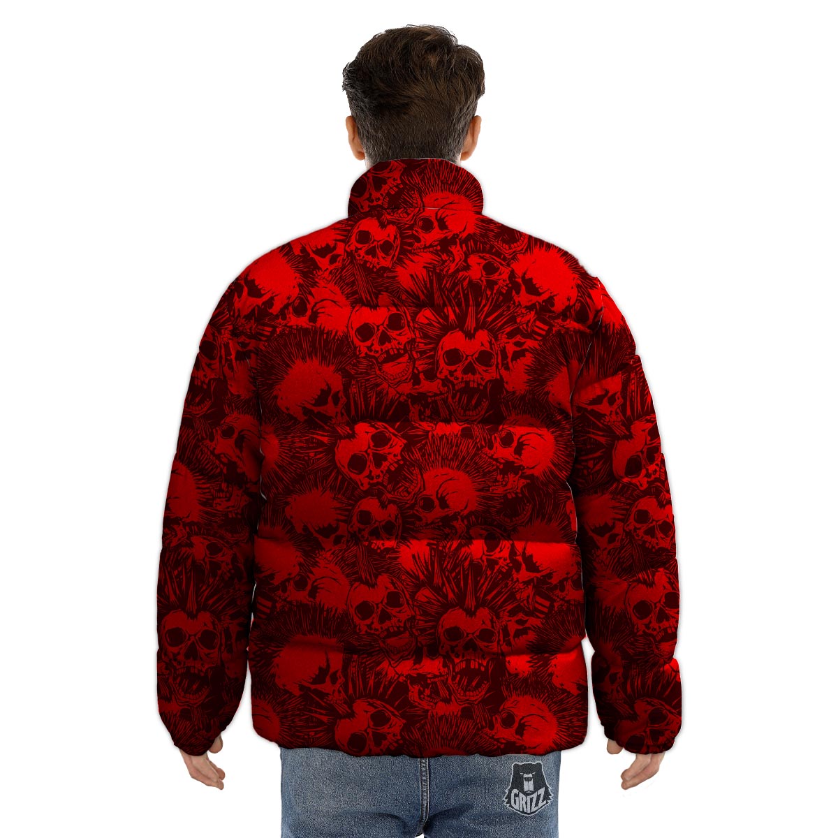 Skull Punk Red Print Pattern Puffer Jacket-grizzshop