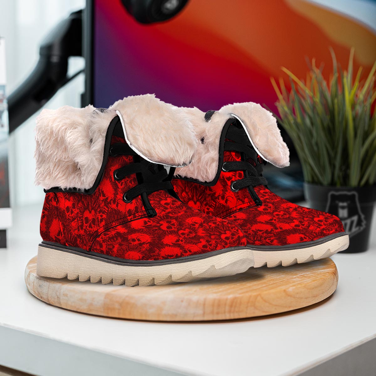 Skull Punk Red Print Pattern Snow Boots-grizzshop