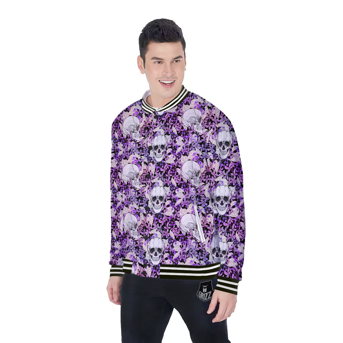 Skull Purple Tropical Print Pattern Baseball Jacket-grizzshop