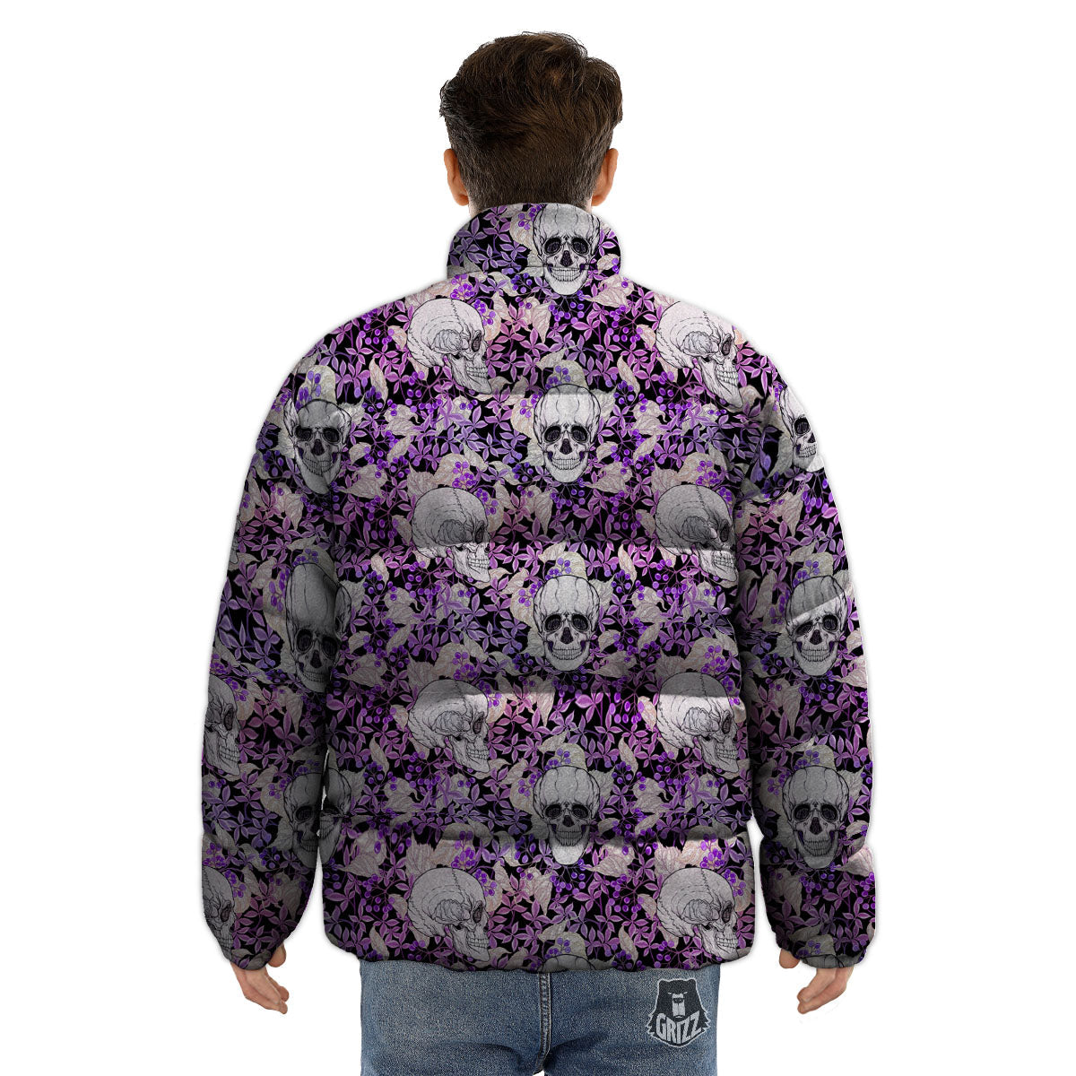 Skull Purple Tropical Print Pattern Puffer Jacket-grizzshop