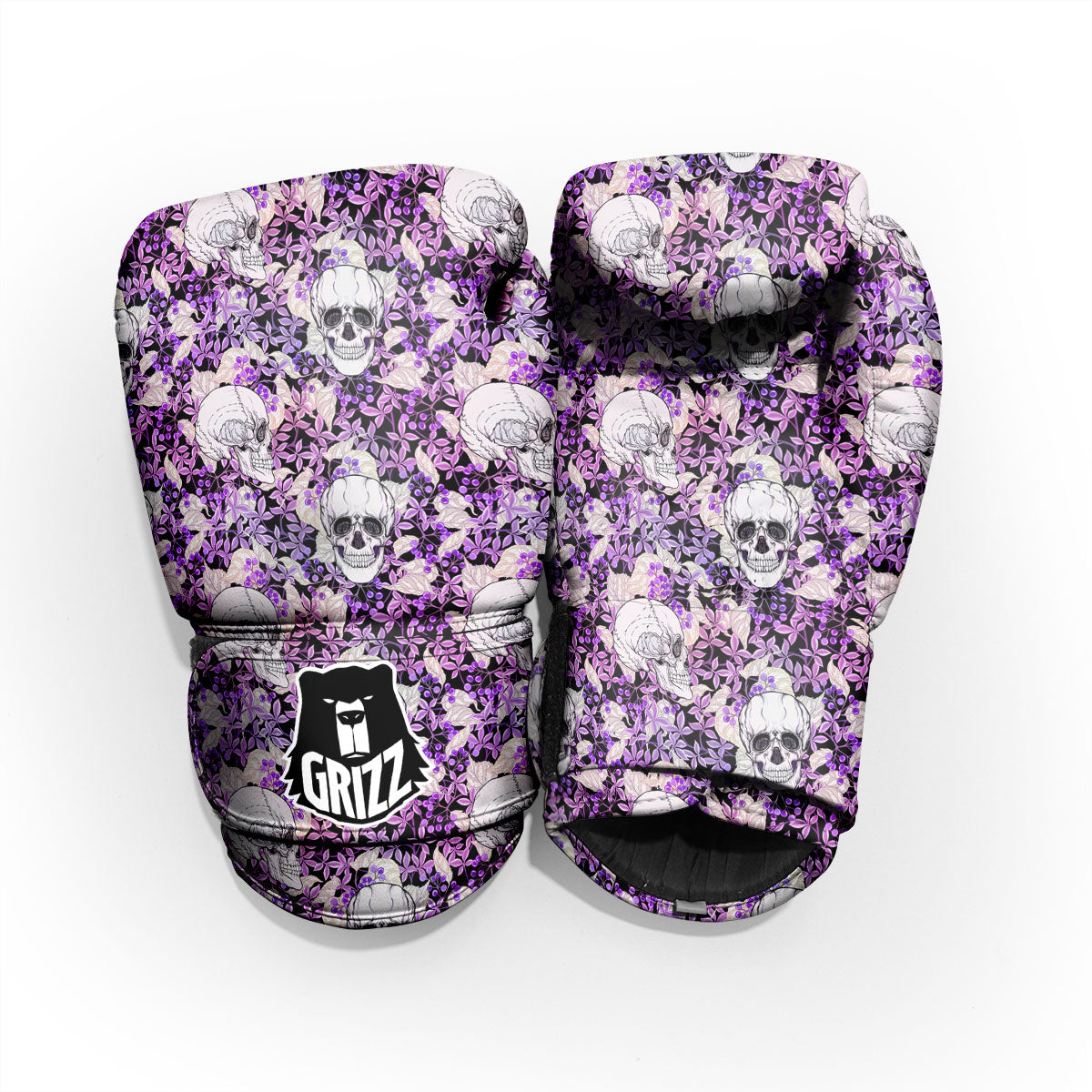 Skull Purple Tropical Print Pattern Sparring Gloves-grizzshop