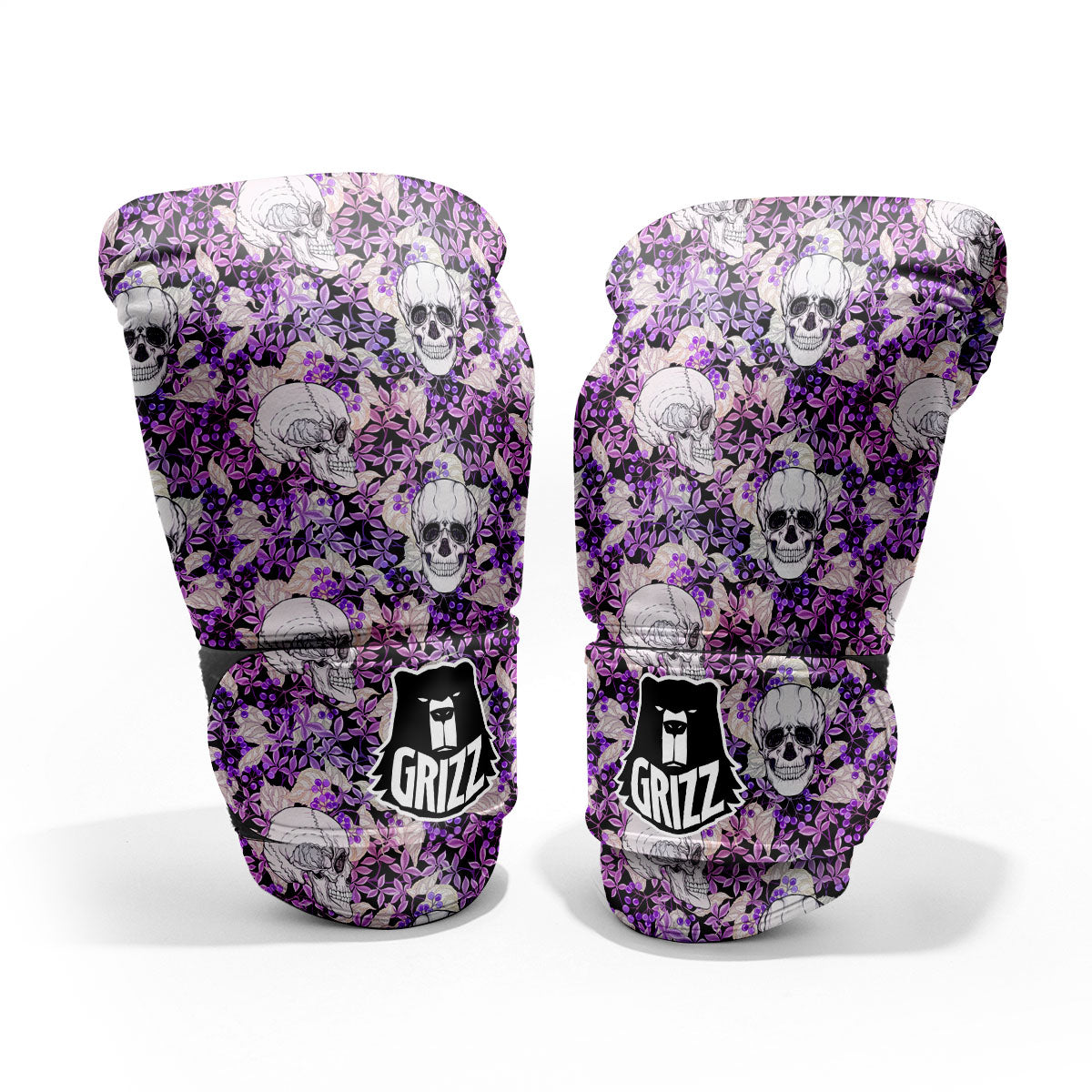 Skull Purple Tropical Print Pattern Sparring Gloves-grizzshop