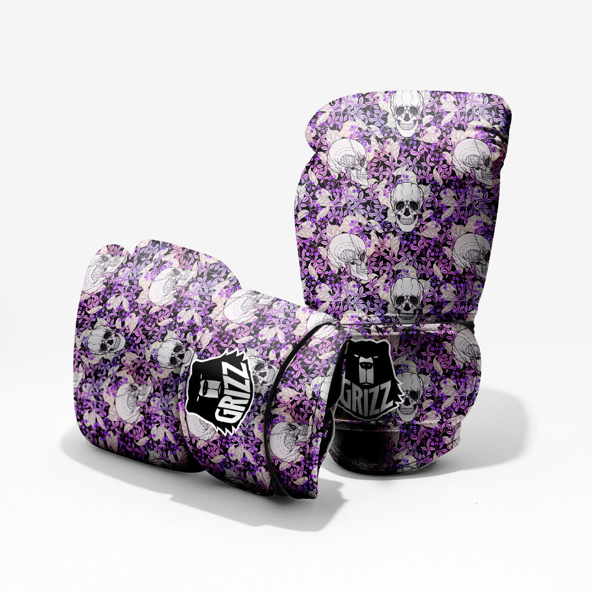 Skull Purple Tropical Print Pattern Sparring Gloves-grizzshop