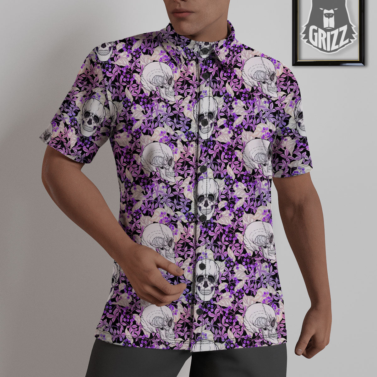 Skull Purple Tropical Print Pattern Untucked Shirts-grizzshop