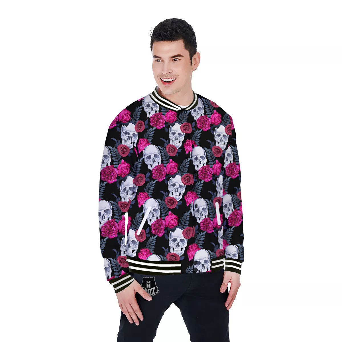 Skull Red Peony Print Pattern Baseball Jacket-grizzshop