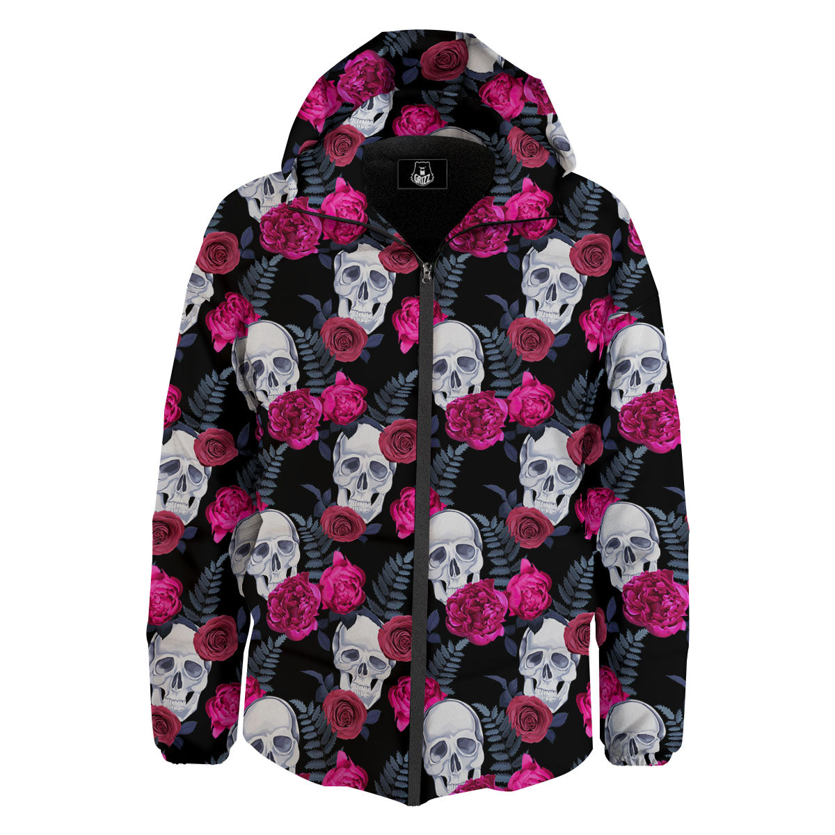 Skull Red Peony Print Pattern Down Jacket-grizzshop