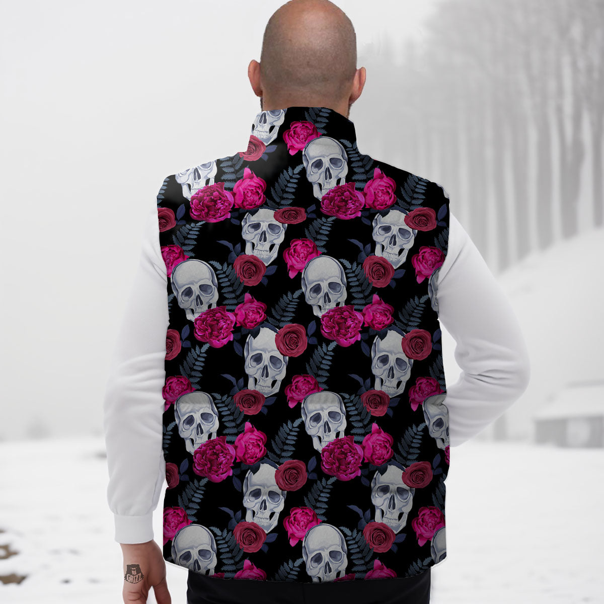 Skull Red Peony Print Pattern Down Vest-grizzshop