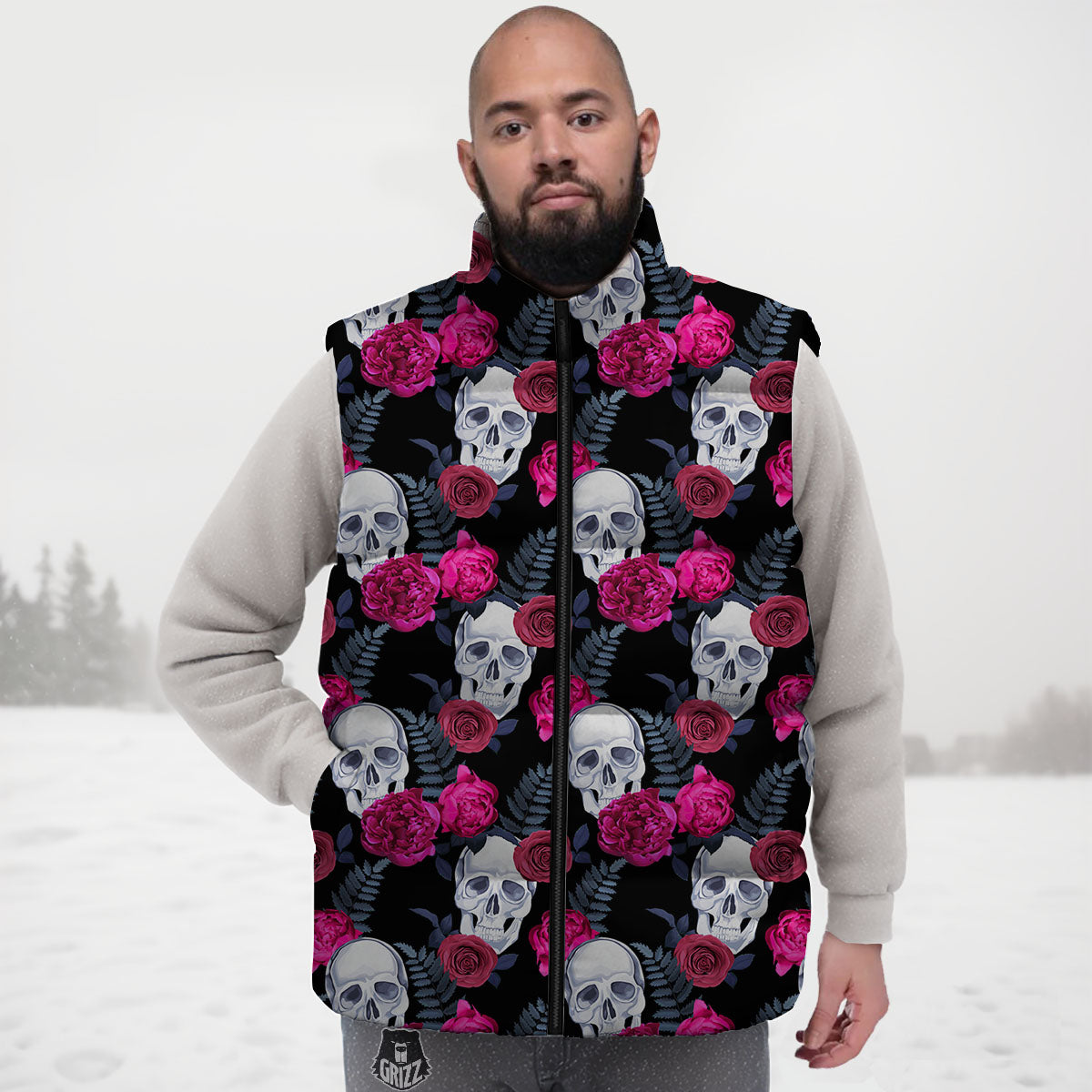 Skull Red Peony Print Pattern Down Vest-grizzshop