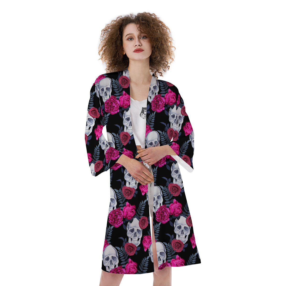 Skull Red Peony Print Pattern Kimono-grizzshop