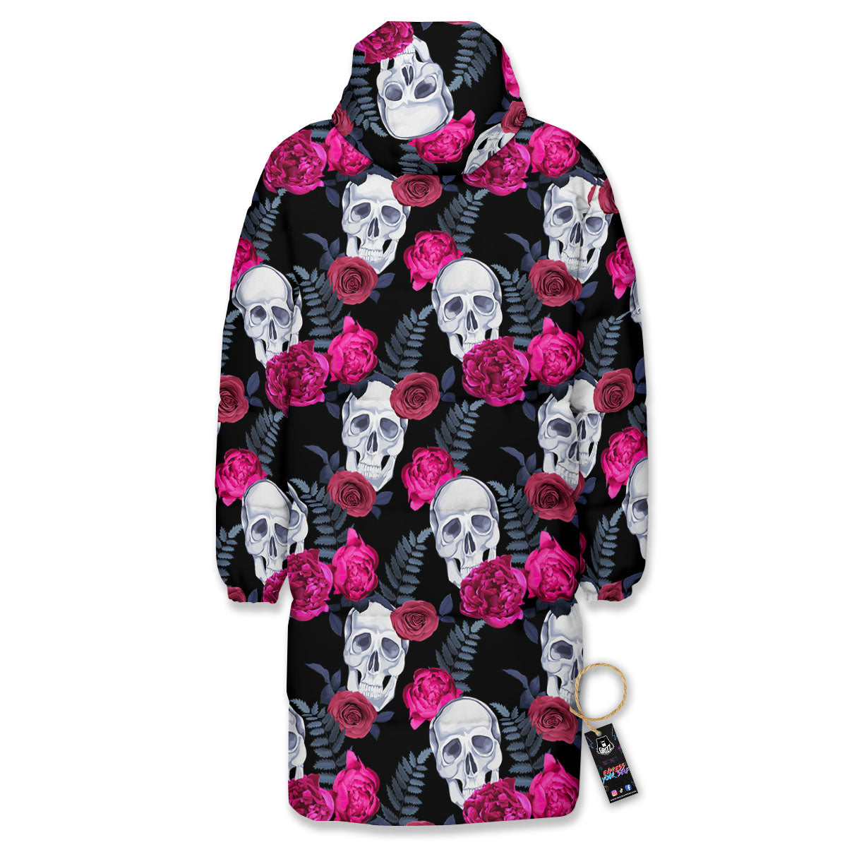 Skull Red Peony Print Pattern Long Down Jacket-grizzshop