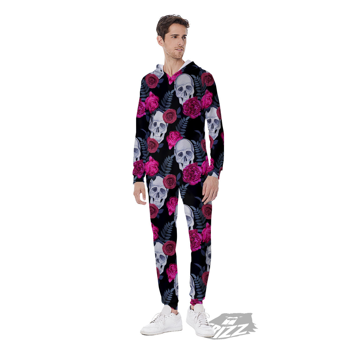 Skull Red Peony Print Pattern Men's Jumpsuit-grizzshop