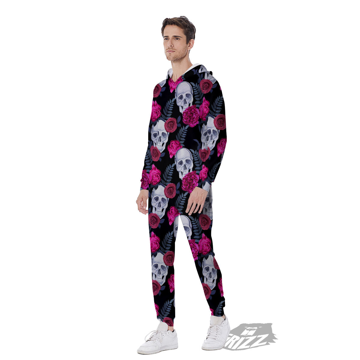 Skull Red Peony Print Pattern Men's Jumpsuit-grizzshop