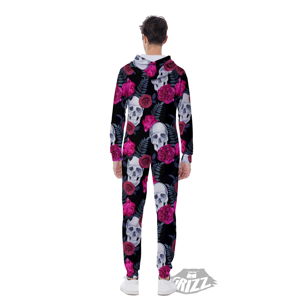 Skull Red Peony Print Pattern Men's Jumpsuit-grizzshop