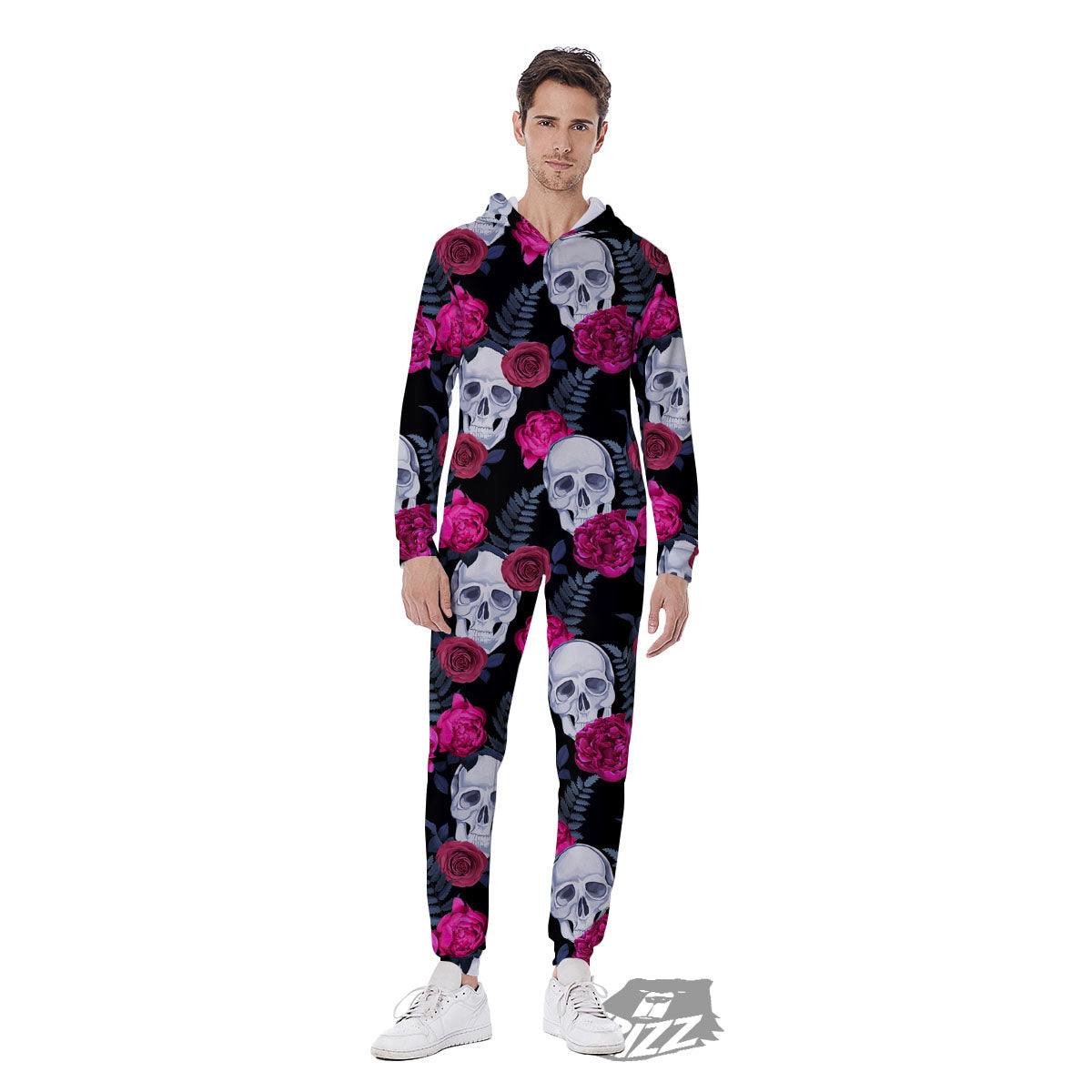 Skull Red Peony Print Pattern Men's Jumpsuit-grizzshop