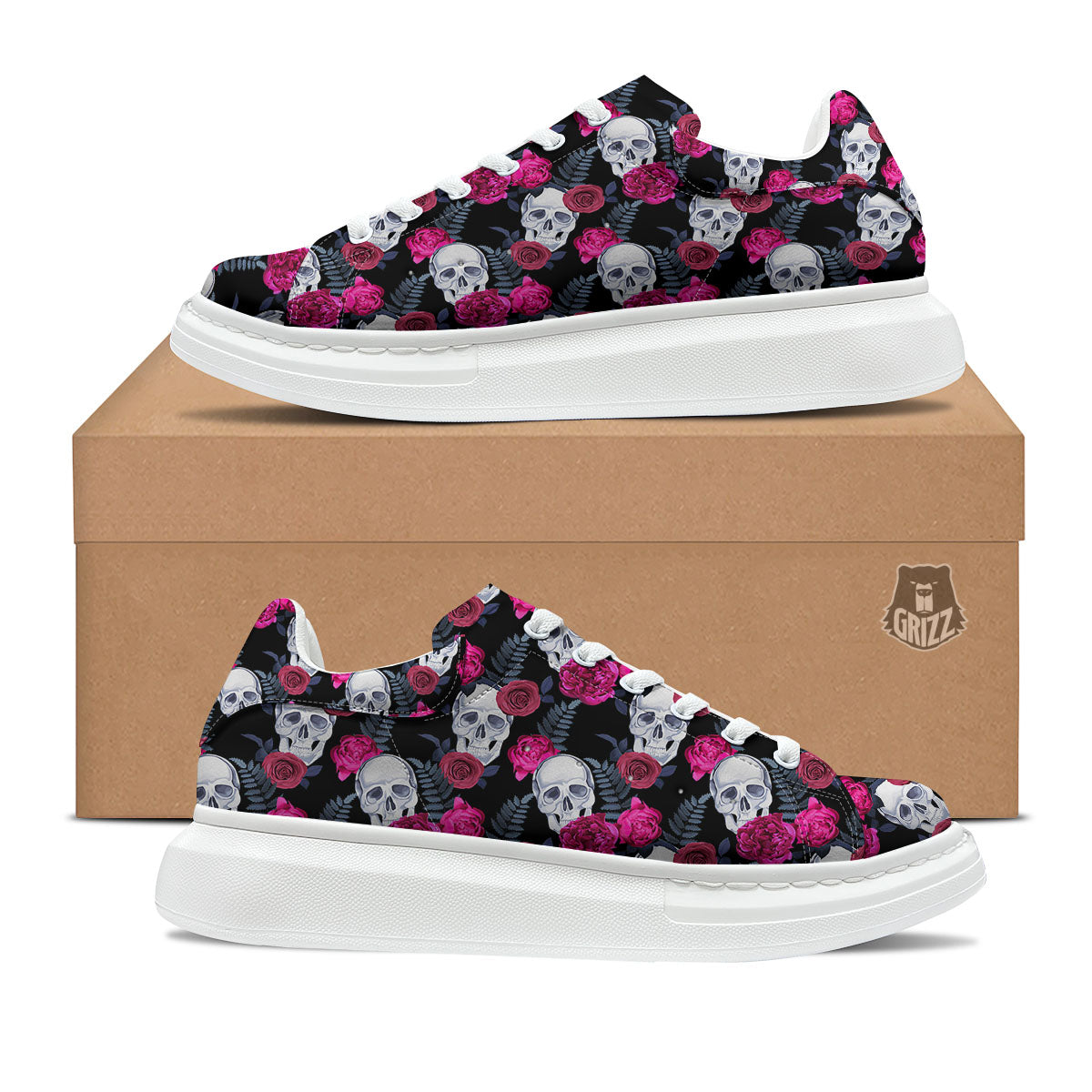 Skull Red Peony Print Pattern Platform Shoes-grizzshop