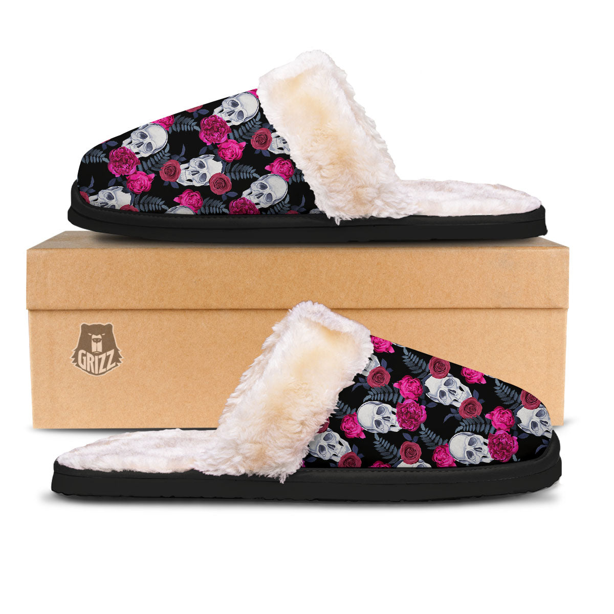 Skull Red Peony Print Pattern Slippers-grizzshop