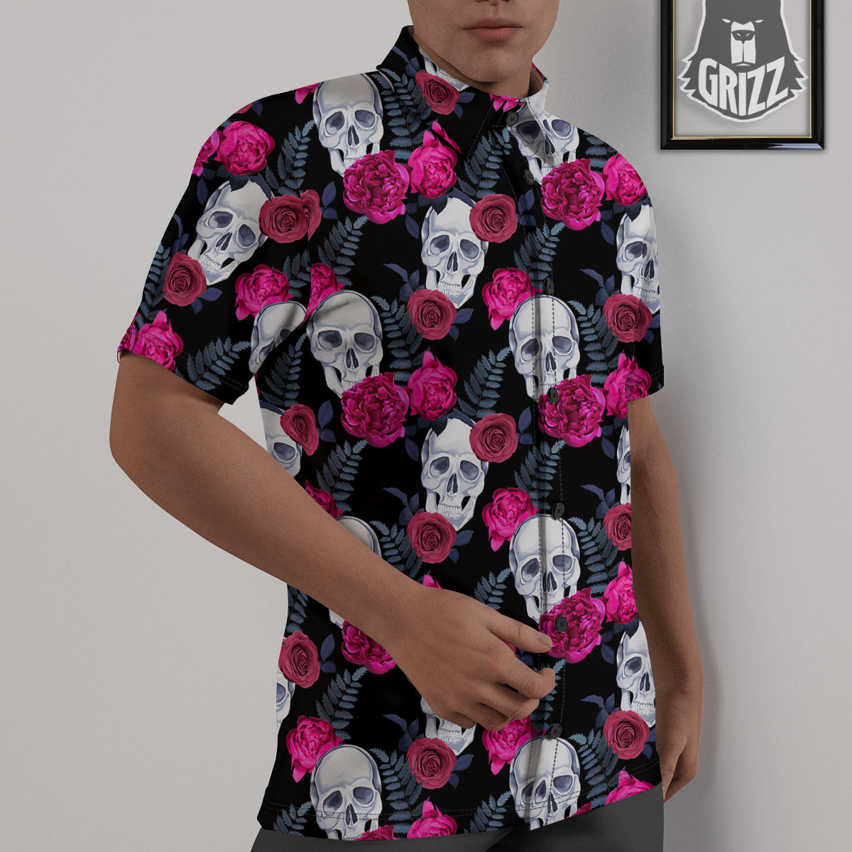 Skull Red Peony Print Pattern Untucked Shirts-grizzshop