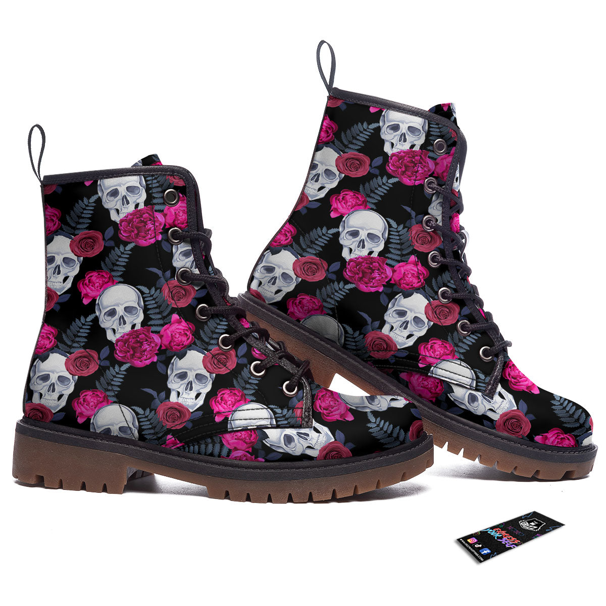 Skull Red Peony Print Pattern Work Boots-grizzshop
