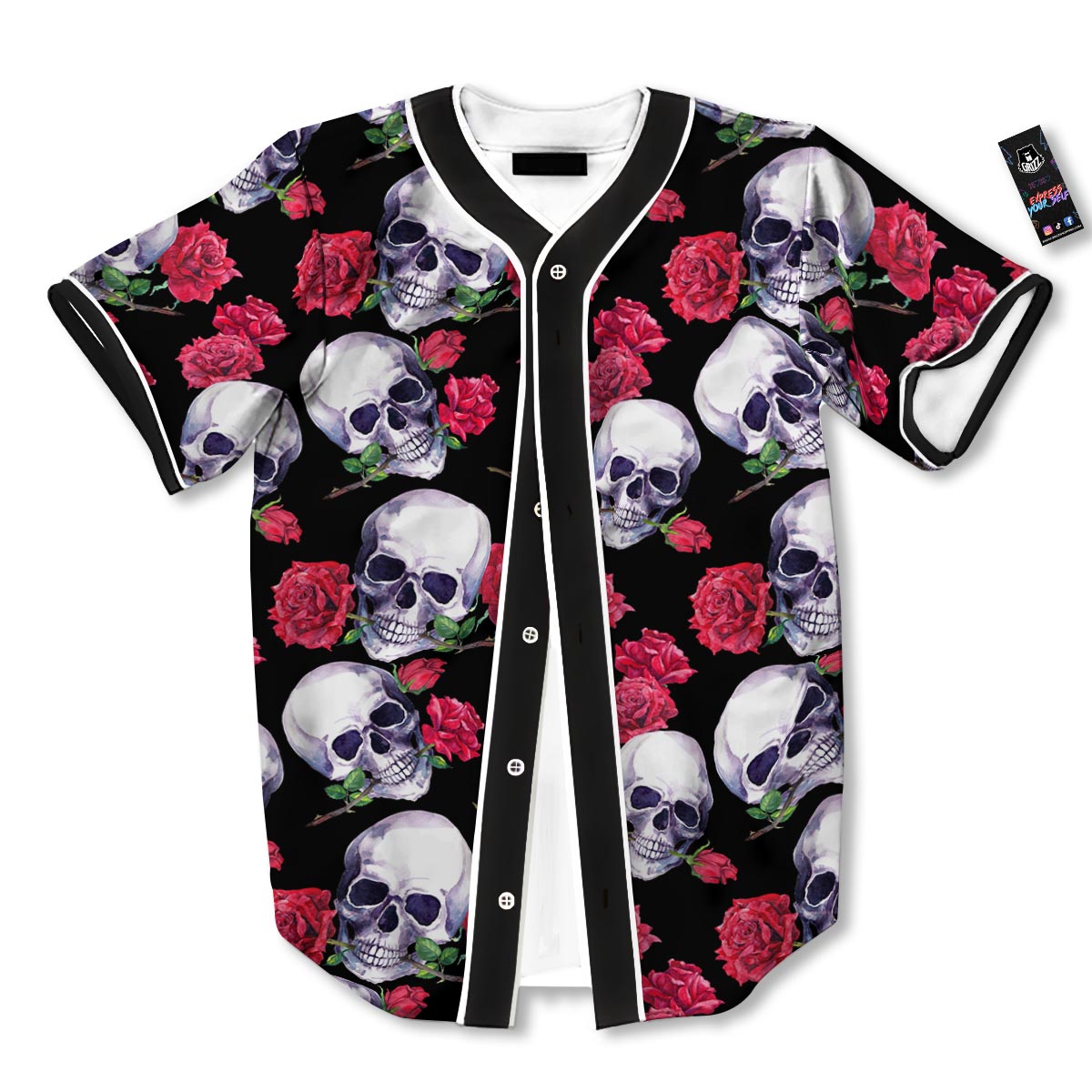 Skull Red Rose Print Pattern Baseball Jersey-grizzshop