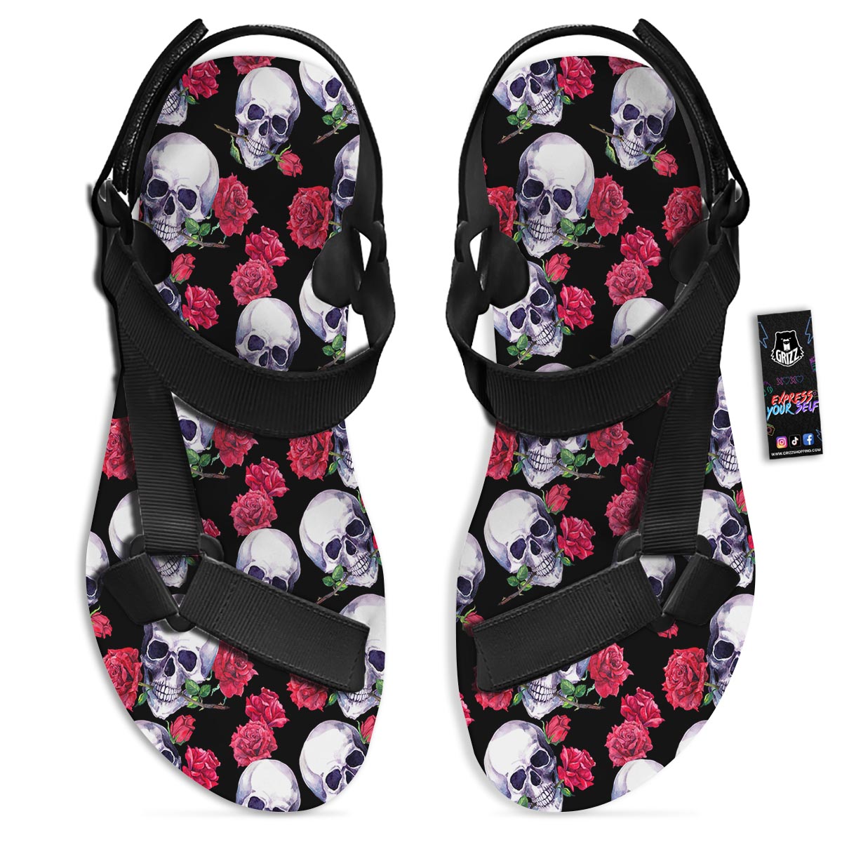 Skull Red Rose Print Pattern Black Open Toe Sandals-grizzshop