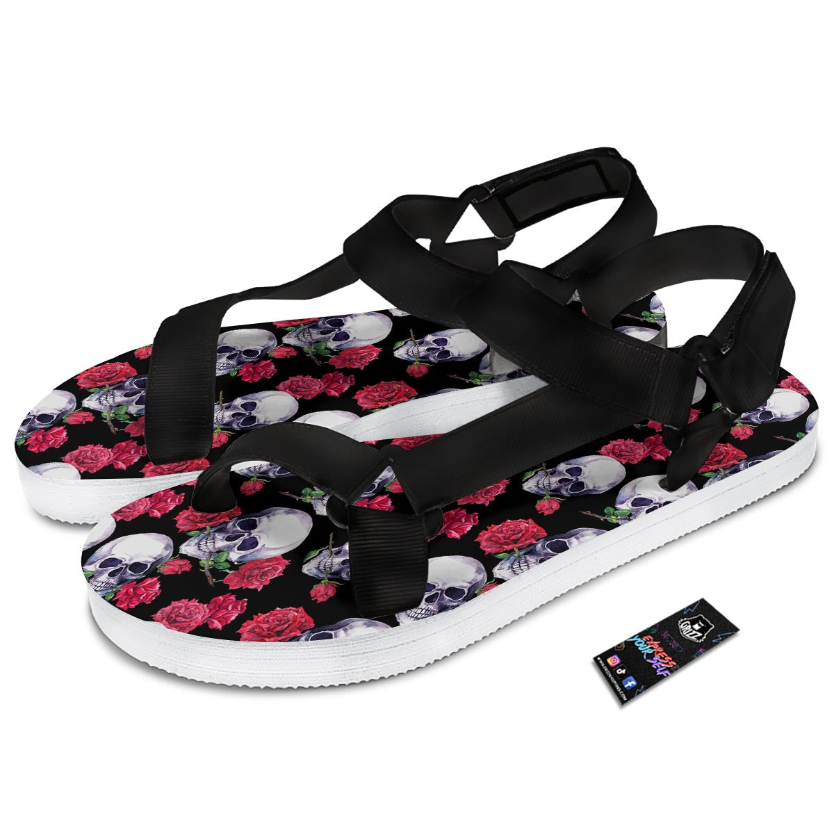 Skull Red Rose Print Pattern Black Open Toe Sandals-grizzshop