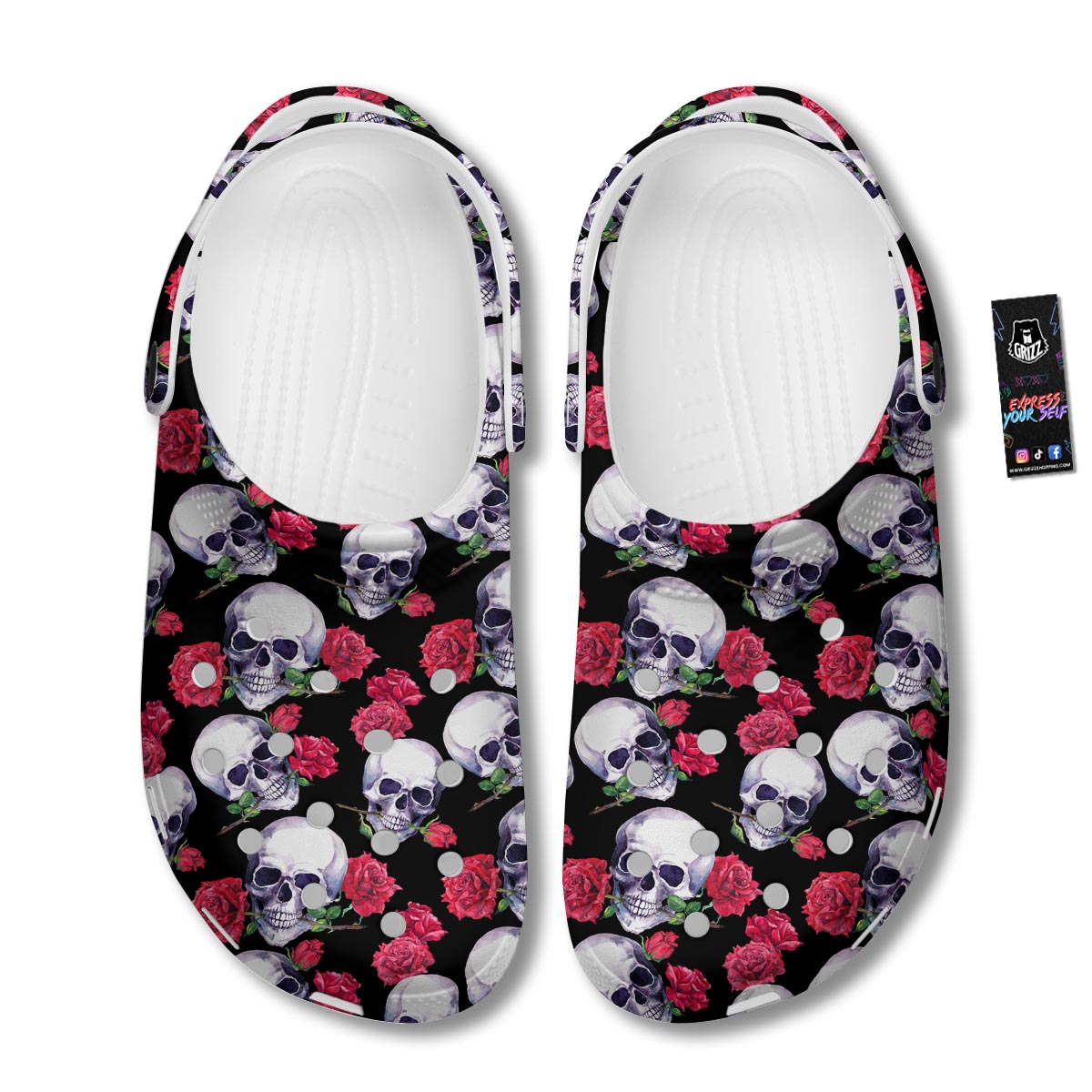 Skull Red Rose Print Pattern Clog-grizzshop