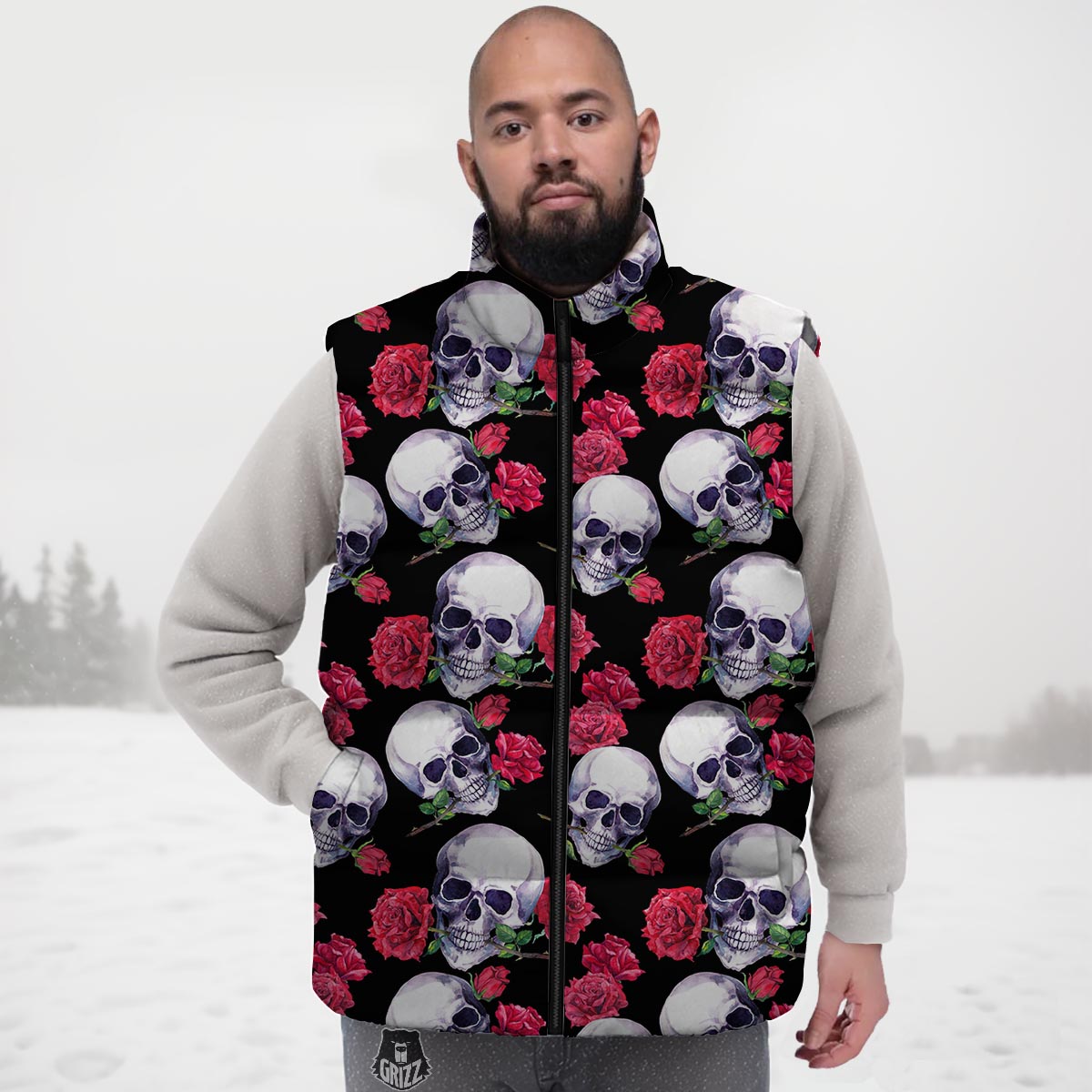 Skull Red Rose Print Pattern Down Vest-grizzshop