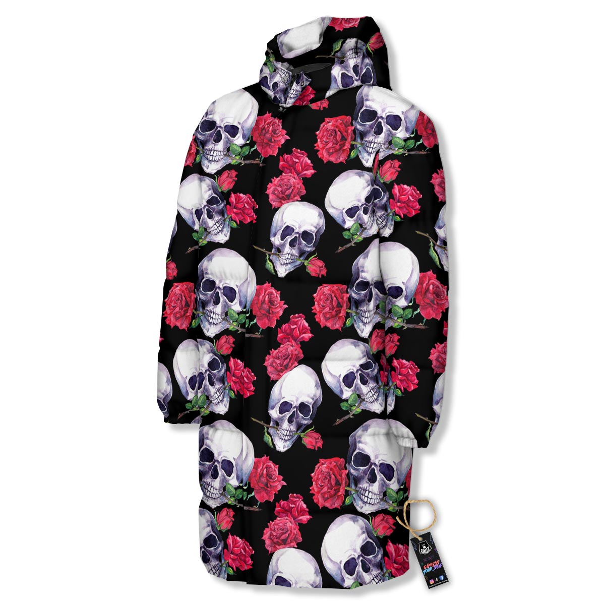 Skull Red Rose Print Pattern Long Down Jacket-grizzshop