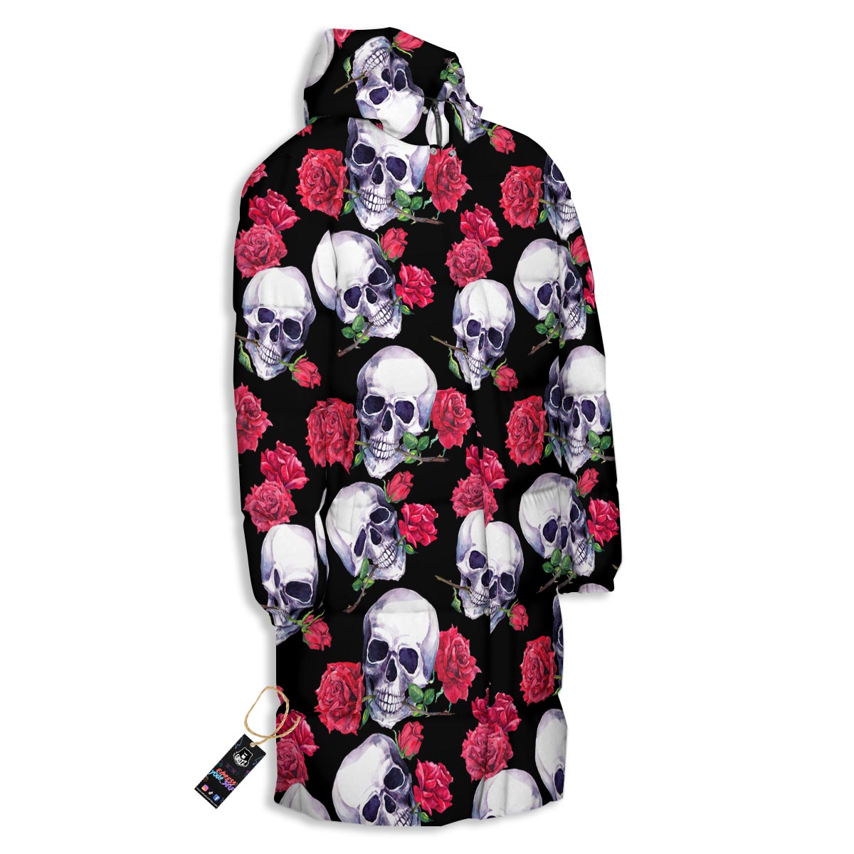 Skull Red Rose Print Pattern Long Down Jacket-grizzshop