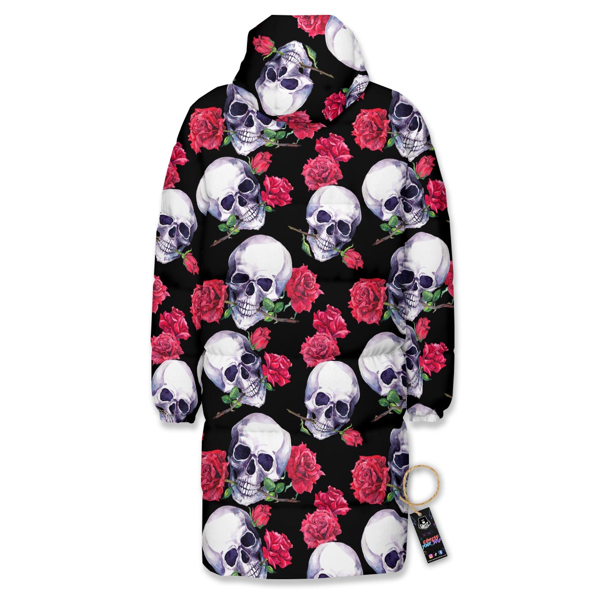 Skull Red Rose Print Pattern Long Down Jacket-grizzshop