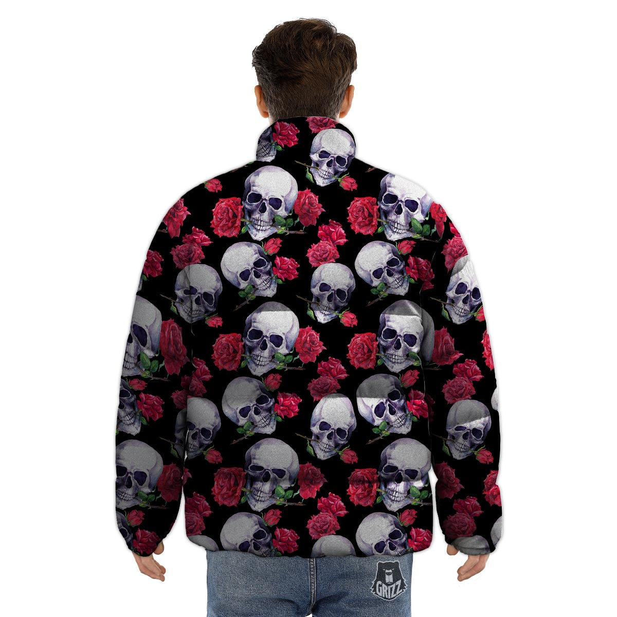 Skull Red Rose Print Pattern Puffer Jacket-grizzshop