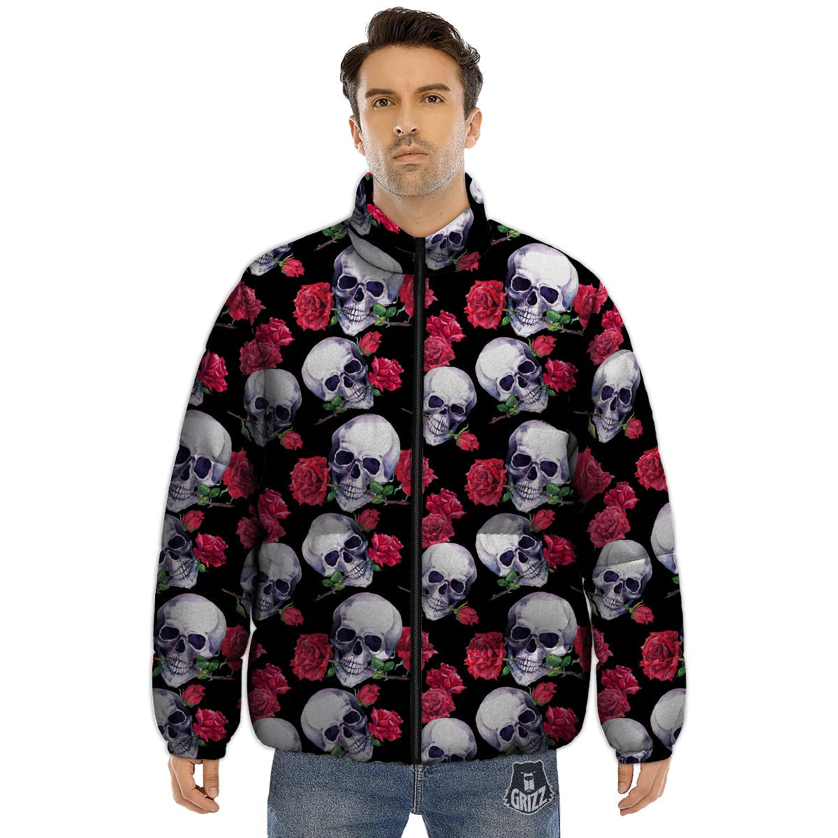 Skull Red Rose Print Pattern Puffer Jacket-grizzshop