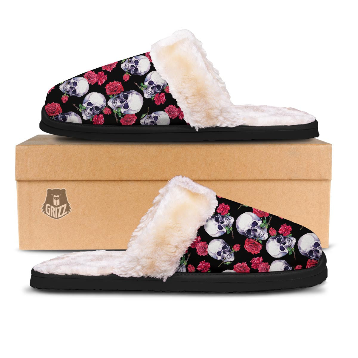 Skull Red Rose Print Pattern Slippers-grizzshop