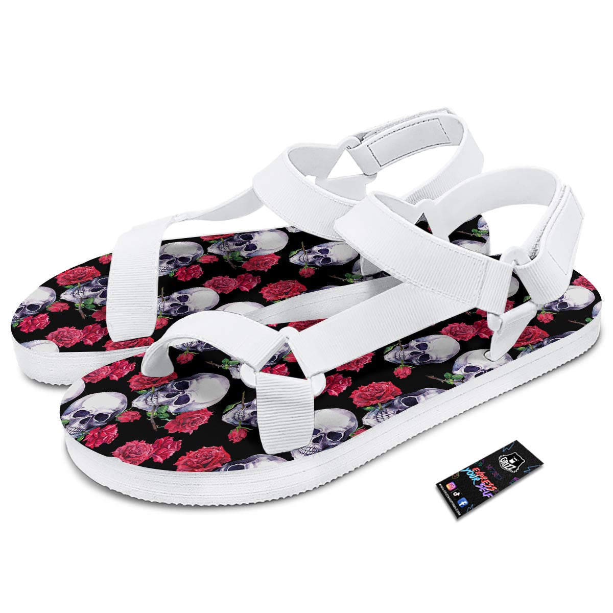 Skull Red Rose Print Pattern White Open Toe Sandals-grizzshop