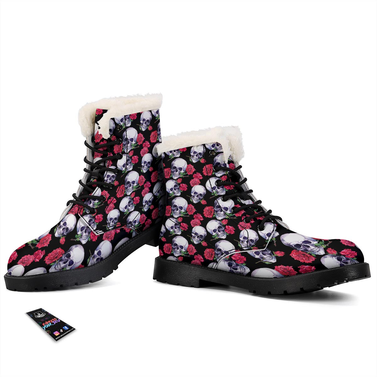 Skull Red Rose Print Pattern Winter Boots-grizzshop