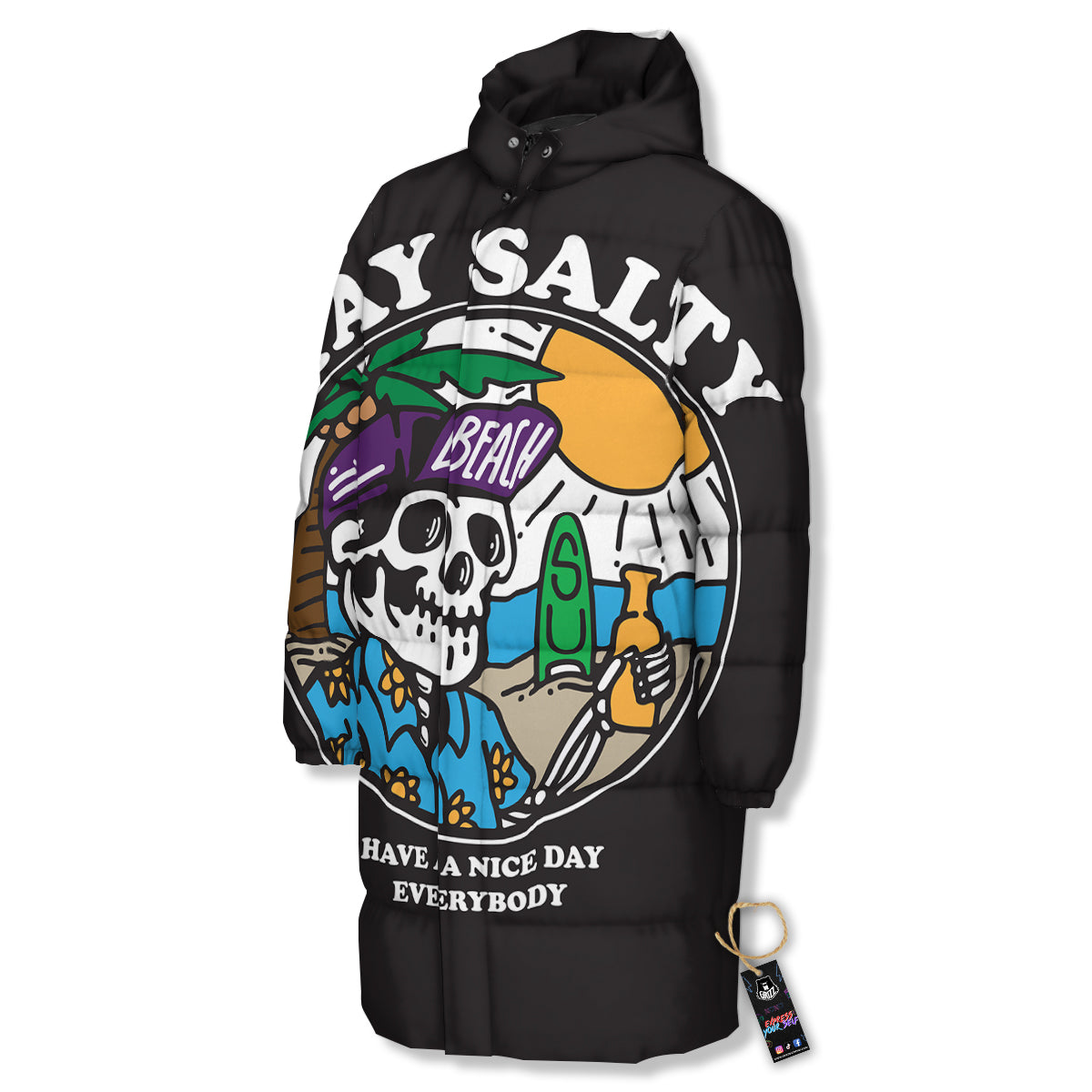 Skull Relax On Beach Print Long Down Jacket-grizzshop