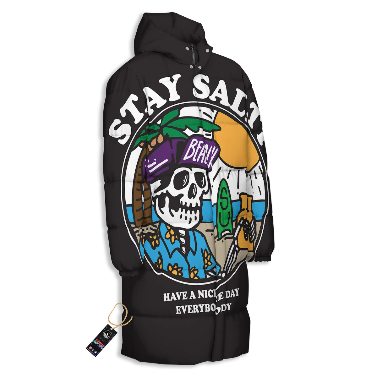 Skull Relax On Beach Print Long Down Jacket-grizzshop