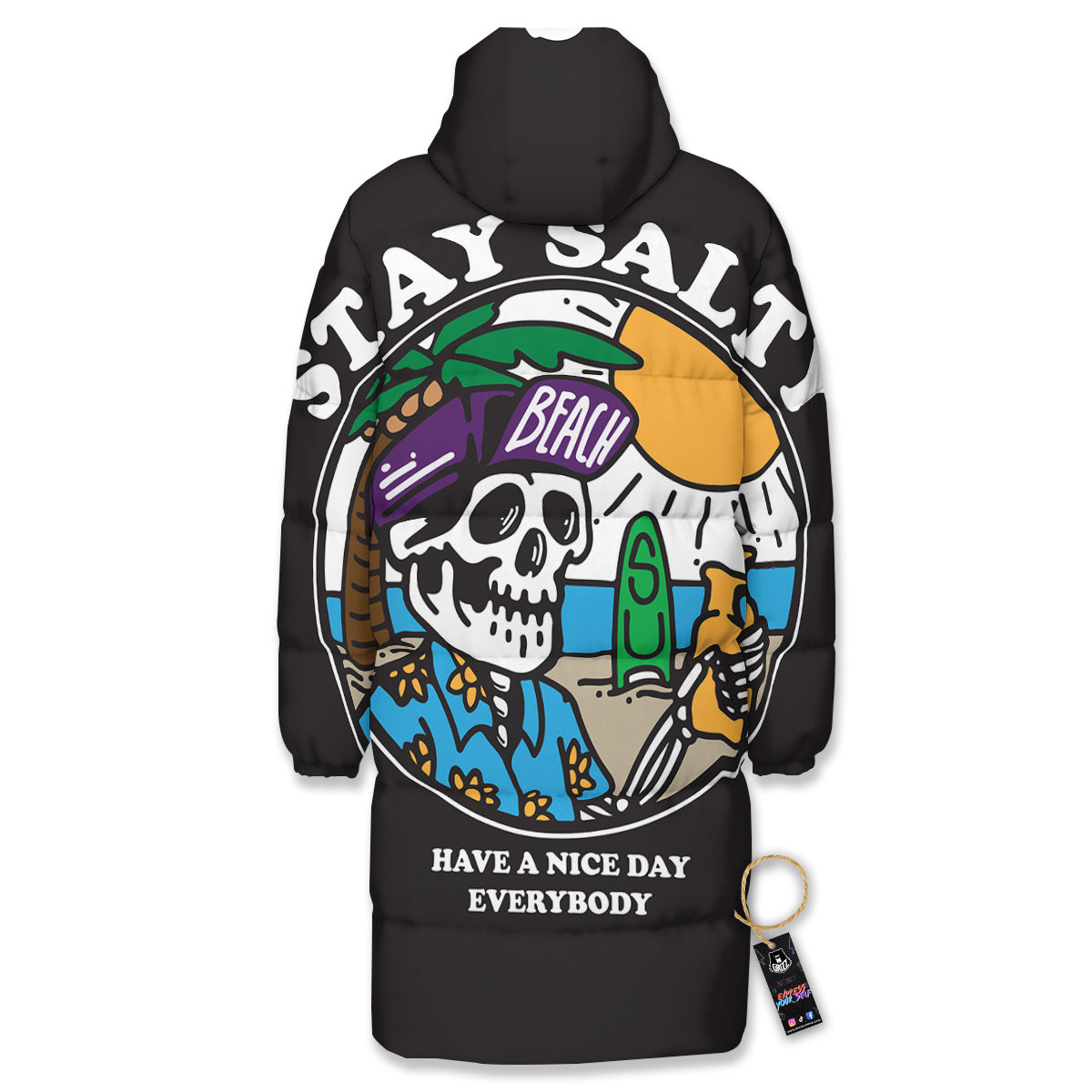 Skull Relax On Beach Print Long Down Jacket-grizzshop