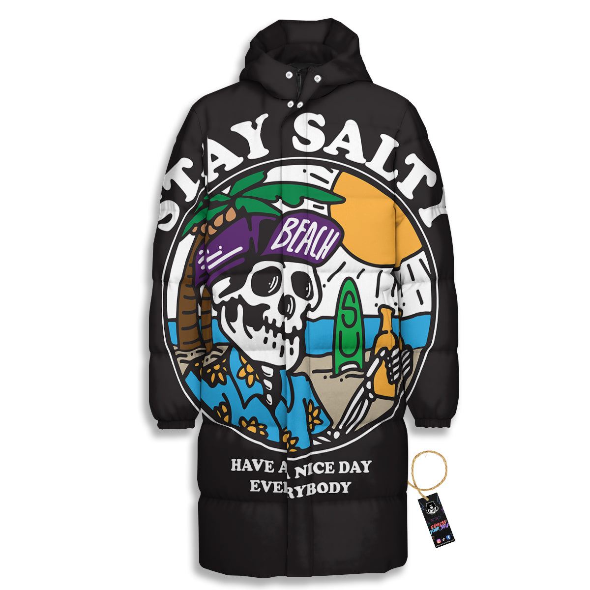 Skull Relax On Beach Print Long Down Jacket-grizzshop