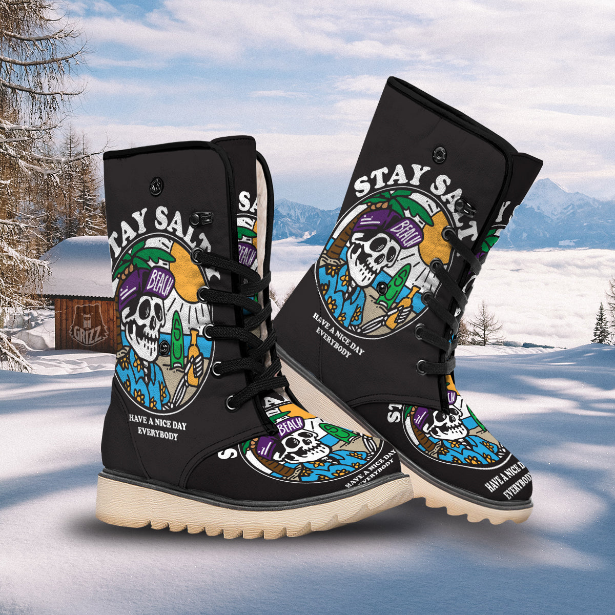 Skull Relax On Beach Print Snow Boots-grizzshop