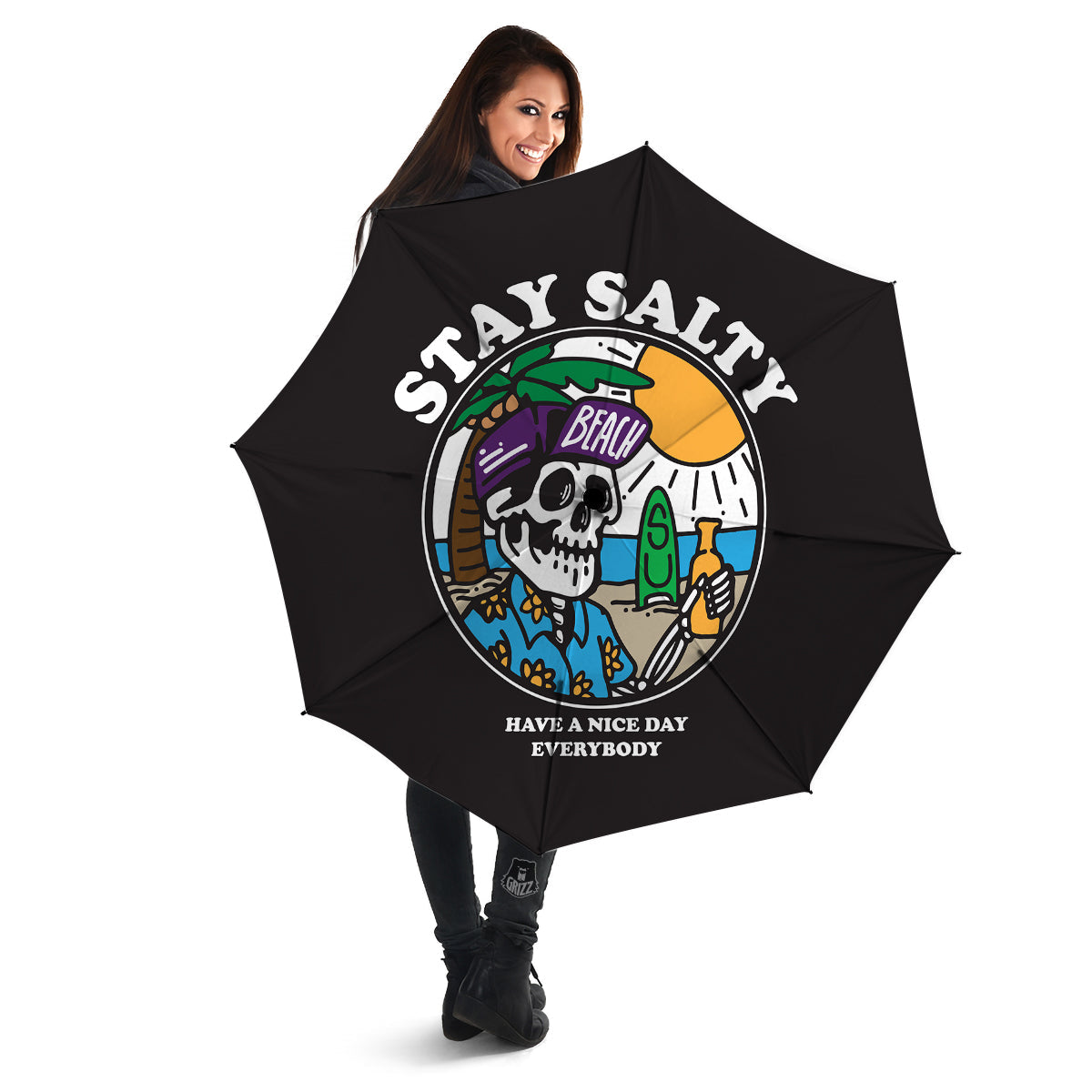 Skull Relax On Beach Print Umbrella-grizzshop