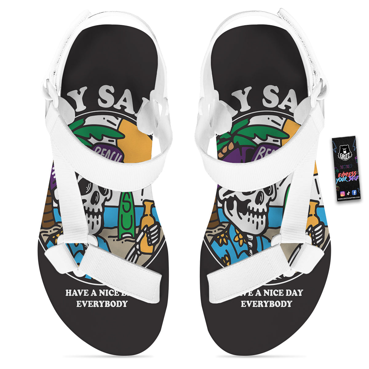 Skull Relax On Beach Print White Open Toe Sandals-grizzshop