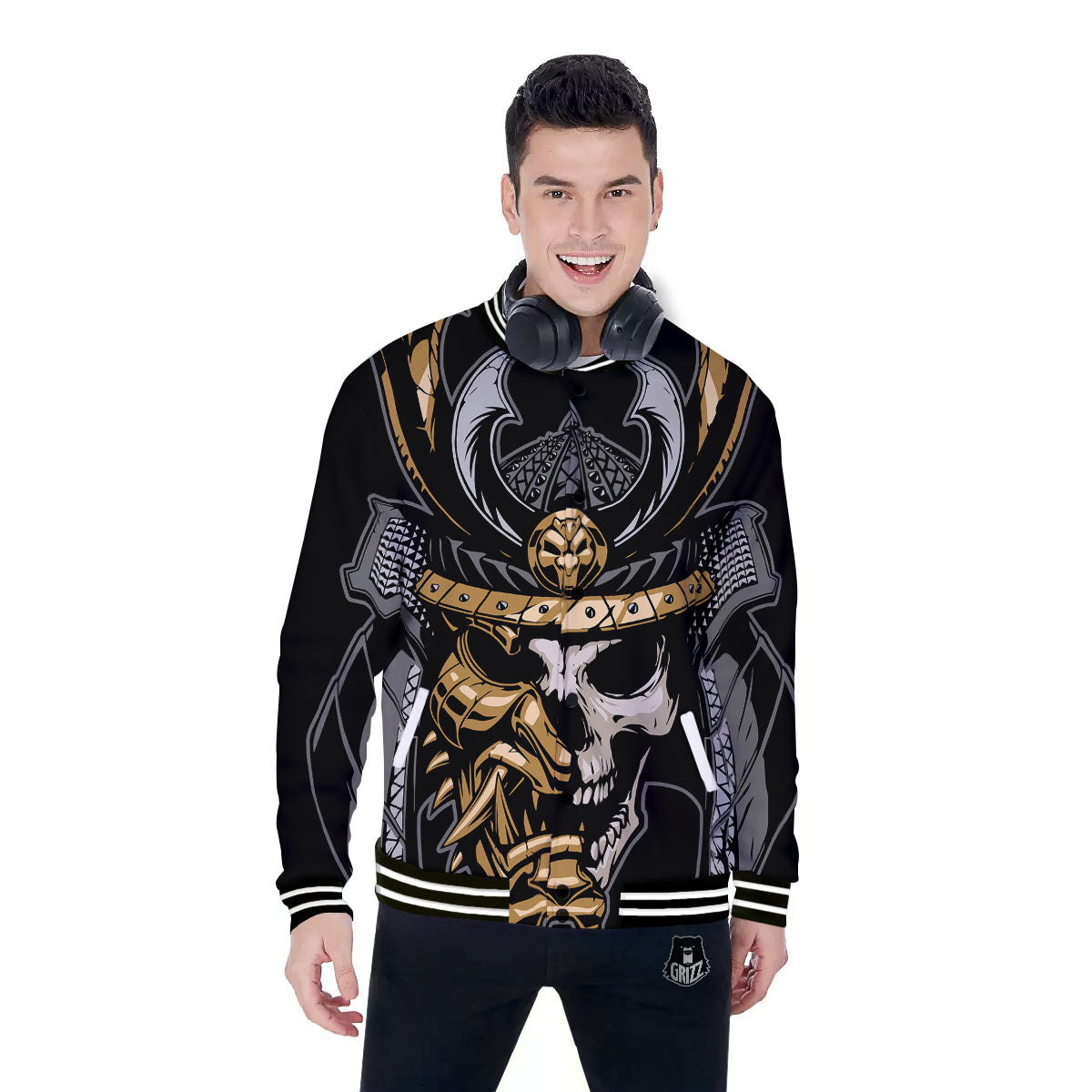 Skull Samurai Warrior Print Baseball Jacket-grizzshop