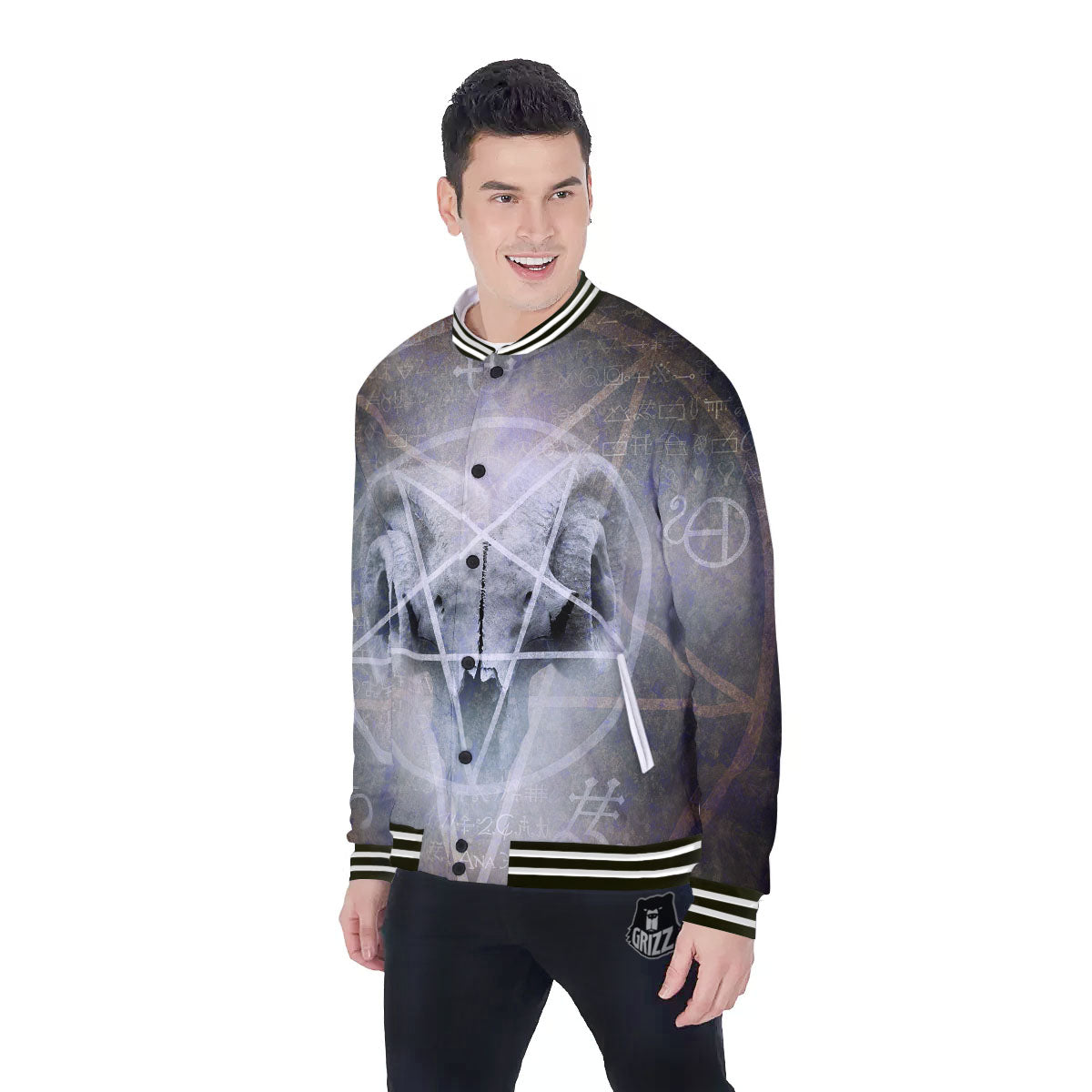 Skull Satanic Pentagram Print Baseball Jacket-grizzshop