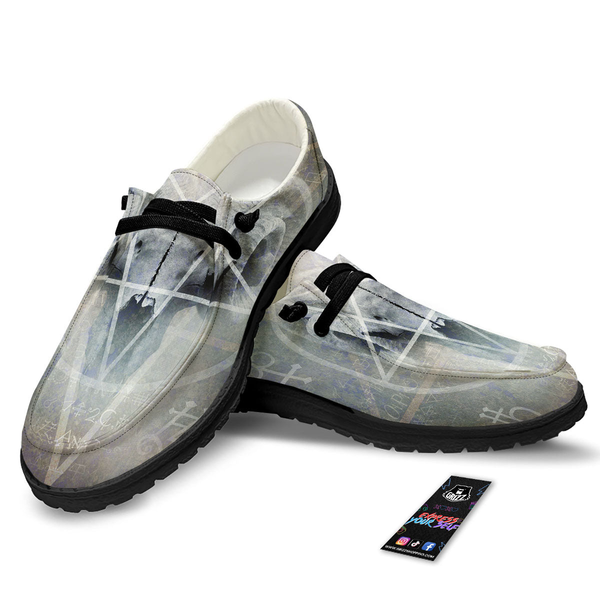 Skull Satanic Pentagram Print Black Loafers-grizzshop