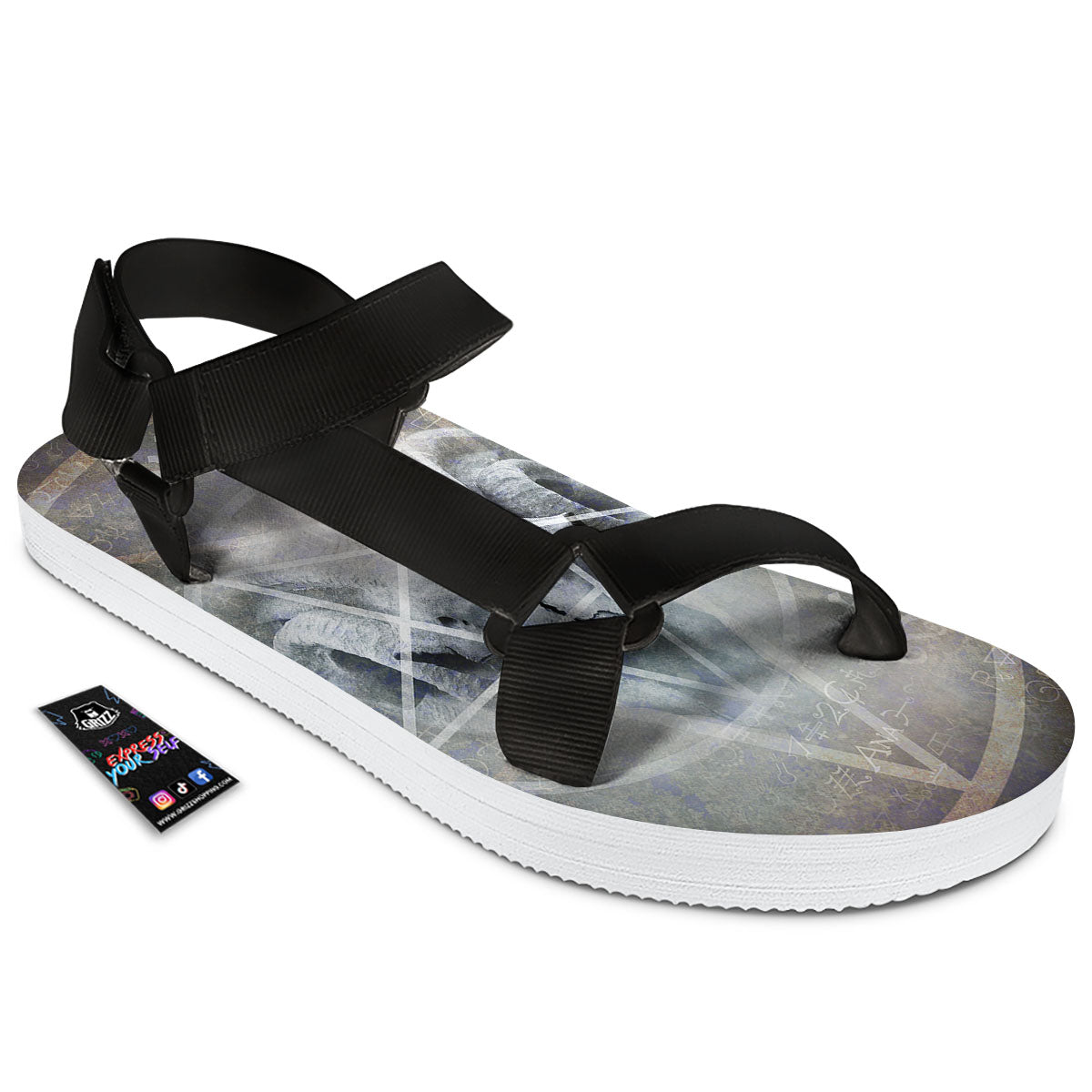 Skull Satanic Pentagram Print Black Open Toe Sandals-grizzshop