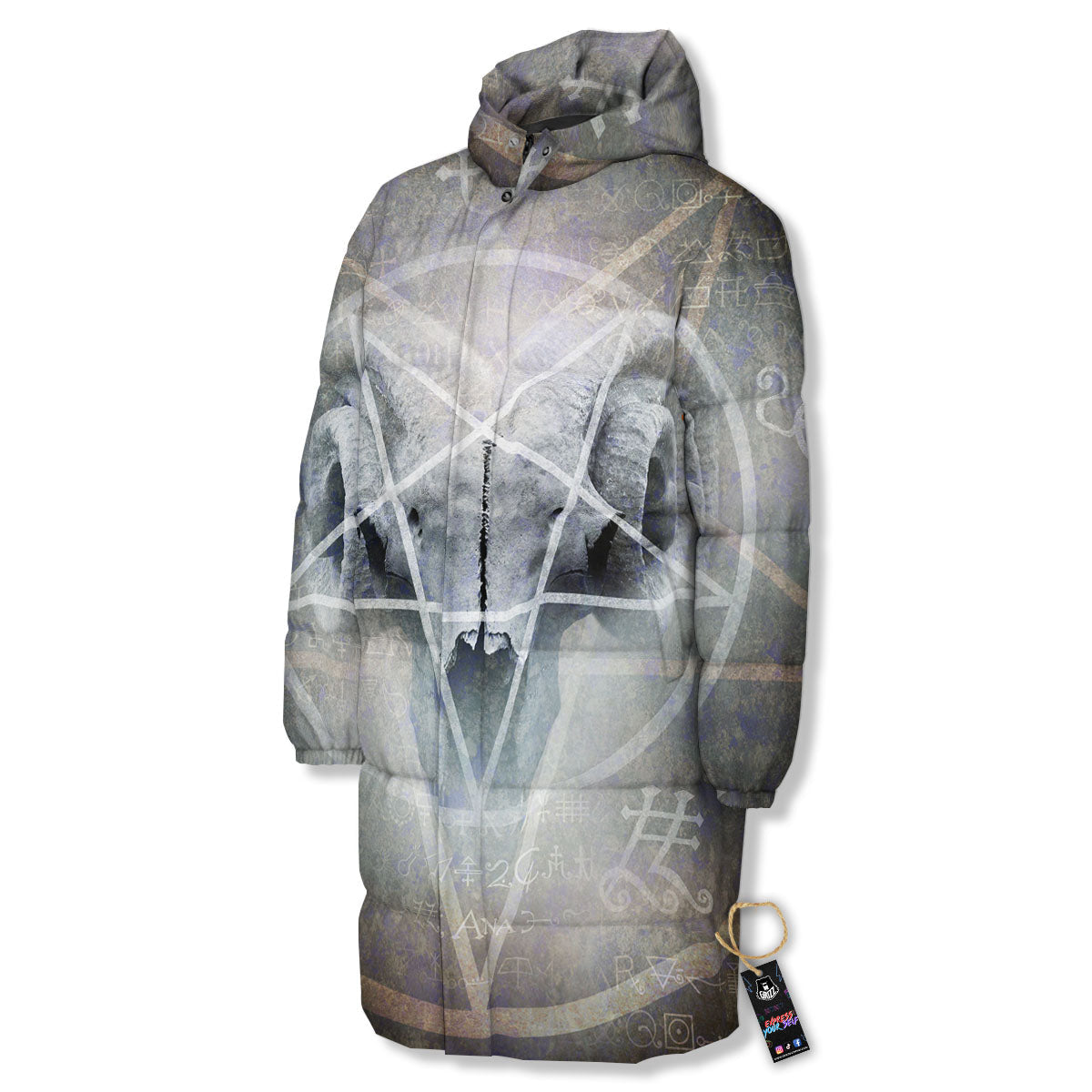 Skull Satanic Pentagram Print Long Down Jacket-grizzshop